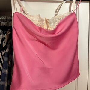 Pink Satin Cami with Lace Trim